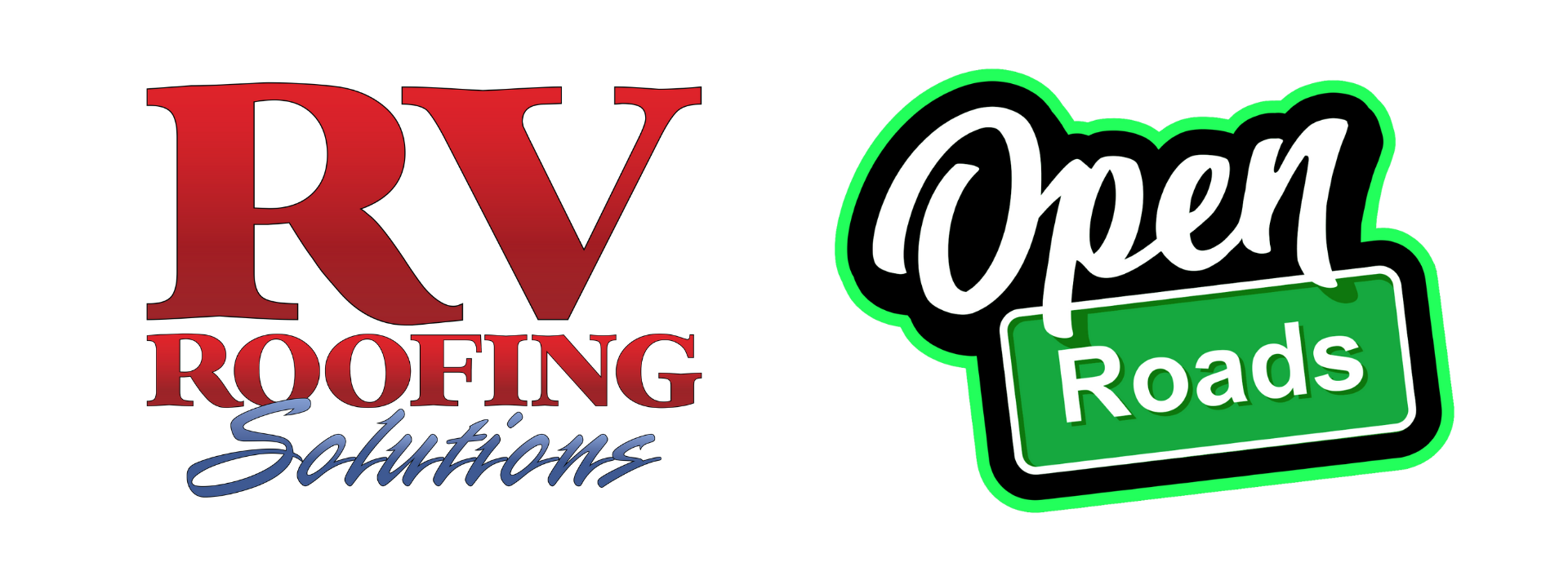 RV Roofing Solutions and Open Roads logos side by side, red text with green-and-black badge