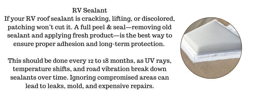 Text advising on RV roof sealant maintenance, with an image of a layered white square.