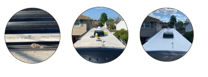 Three circular views of a trailer roof: close-up, center with items, and end view, all against white.