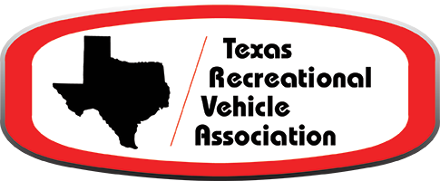 Logo for the Texas Recreational Vehicle Association. Features the state of Texas in black, text, and a red oval border.