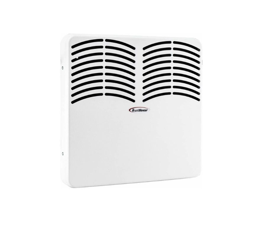 White wall-mounted electric heater with black vent grills at the top.