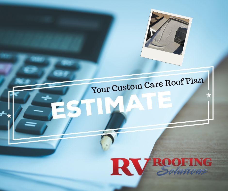Estimate banner with calculator, pen, photo of roof, and