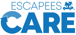 A blue and white logo for escapees care