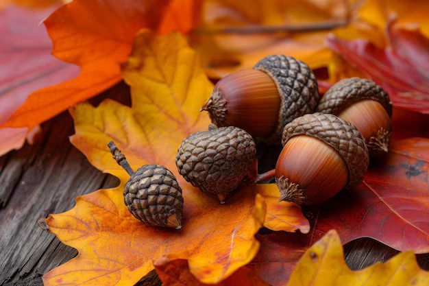 Acorns with textured caps sit atop colorful autumn leaves, displaying reds, oranges, and yellows.