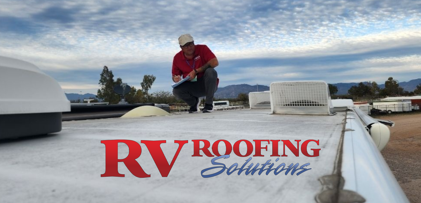 Worker on a white RV roof applying roofing material beside an RV Roofing Solutions logo