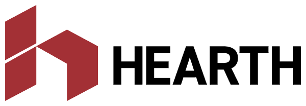A hearth logo with a red arrow and the word hearth on a white background.