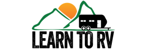 A logo for learn to rv with a trailer and mountains