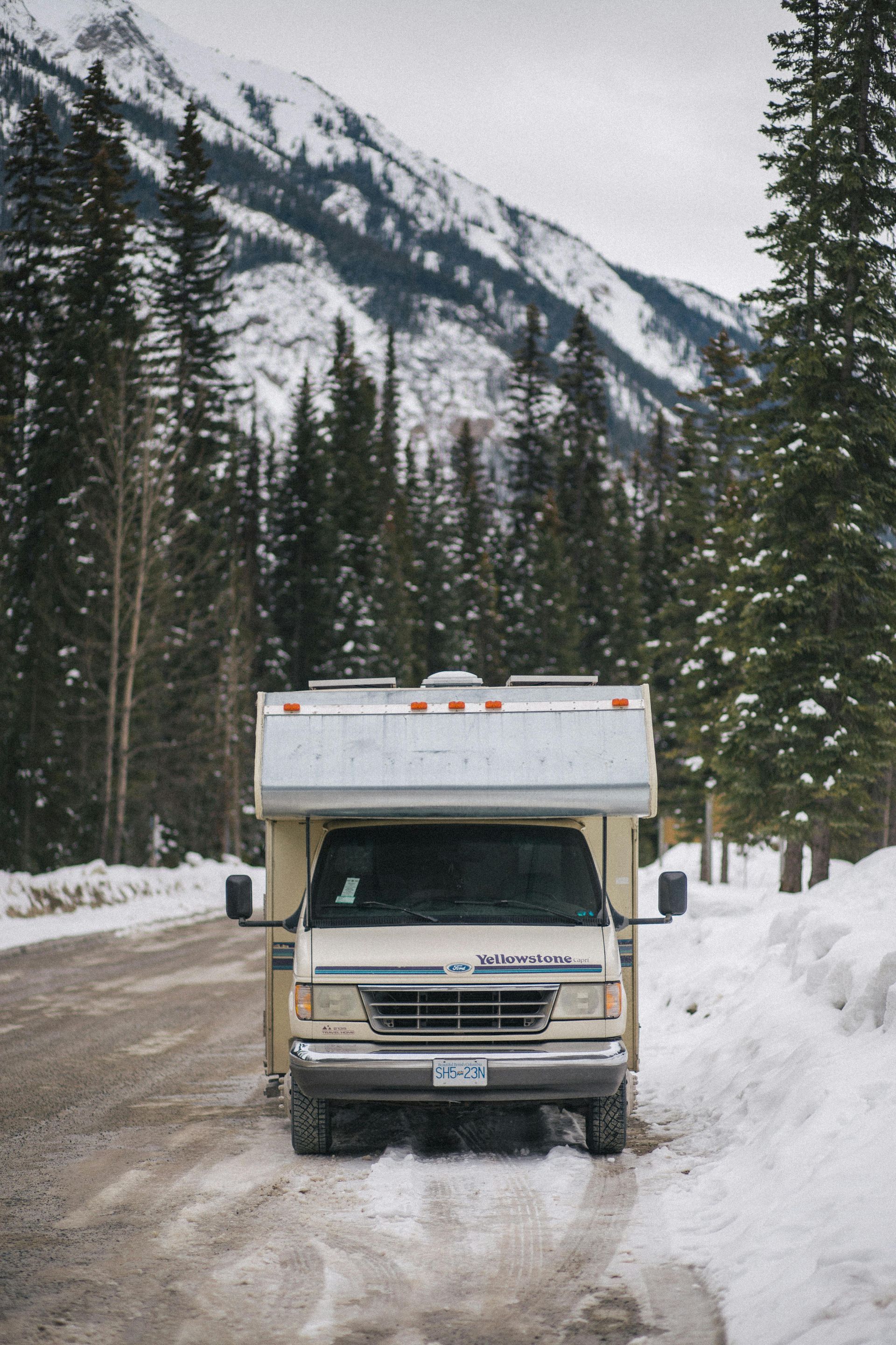 Camper van parked on a snowy mountain road with tall pine trees and snow-covered peaks behind it