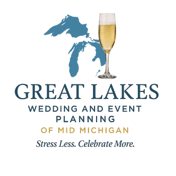 Logo: Blue Great Lakes map, champagne glass, text
