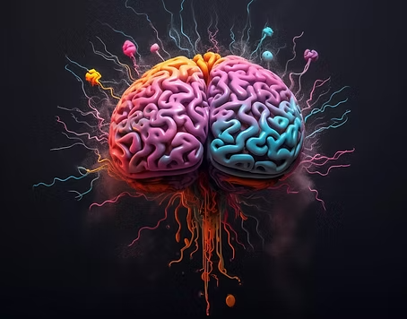 Un cerveau coloré, parcouru de filaments électriques et d'éclats d'énergie, se détache sur un fond sombre.