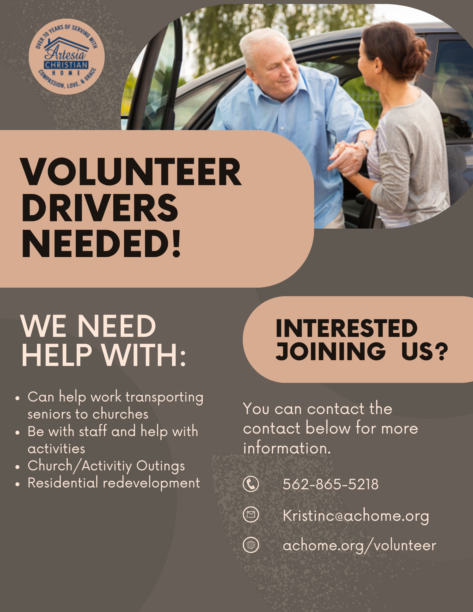 Volunteer recruitment flyer: Drivers needed to transport people to churches and events; contact info provided.