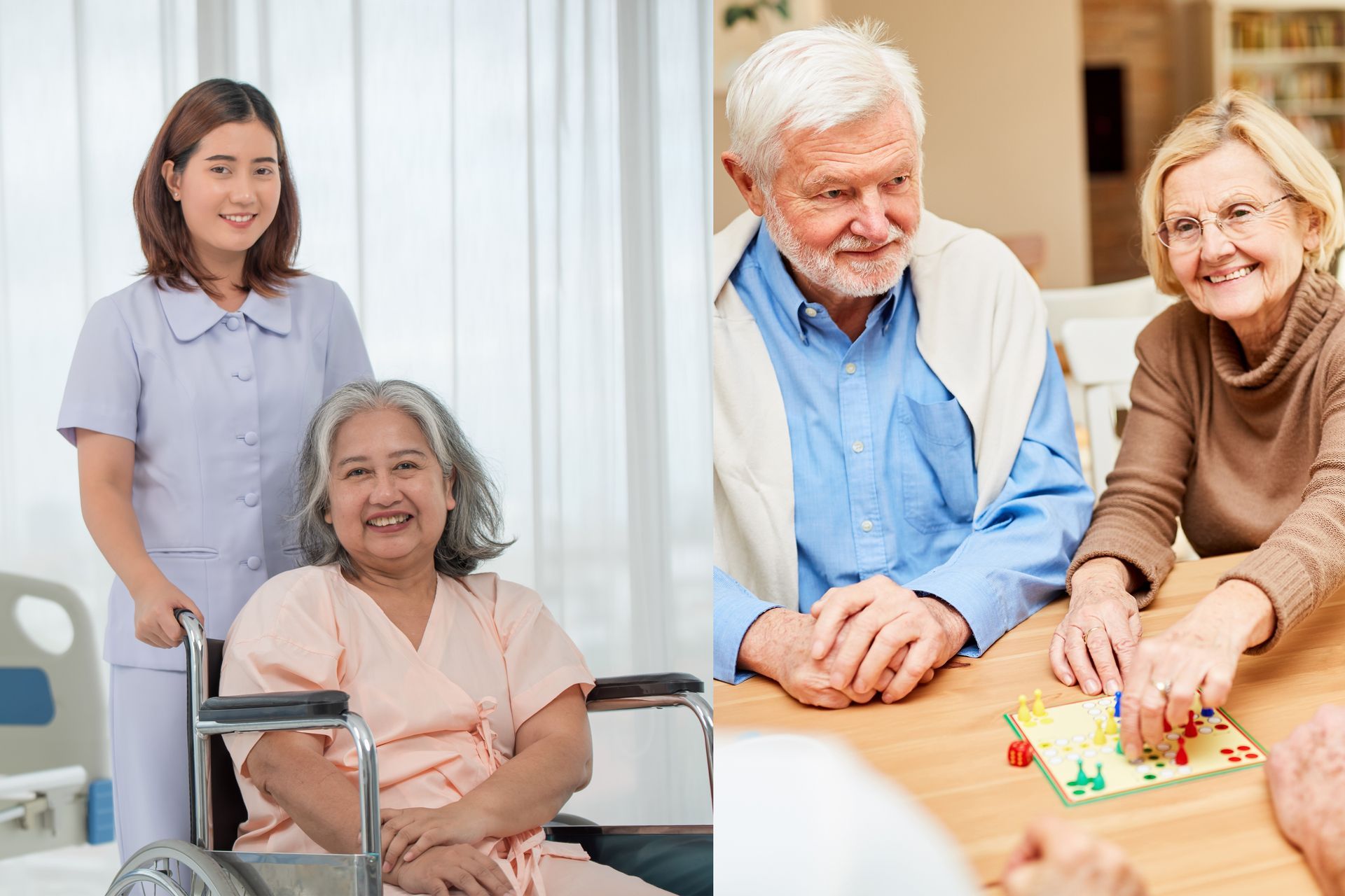 Senior woman with nurse and elderly couple playing a game, showing nursing and assisted living.