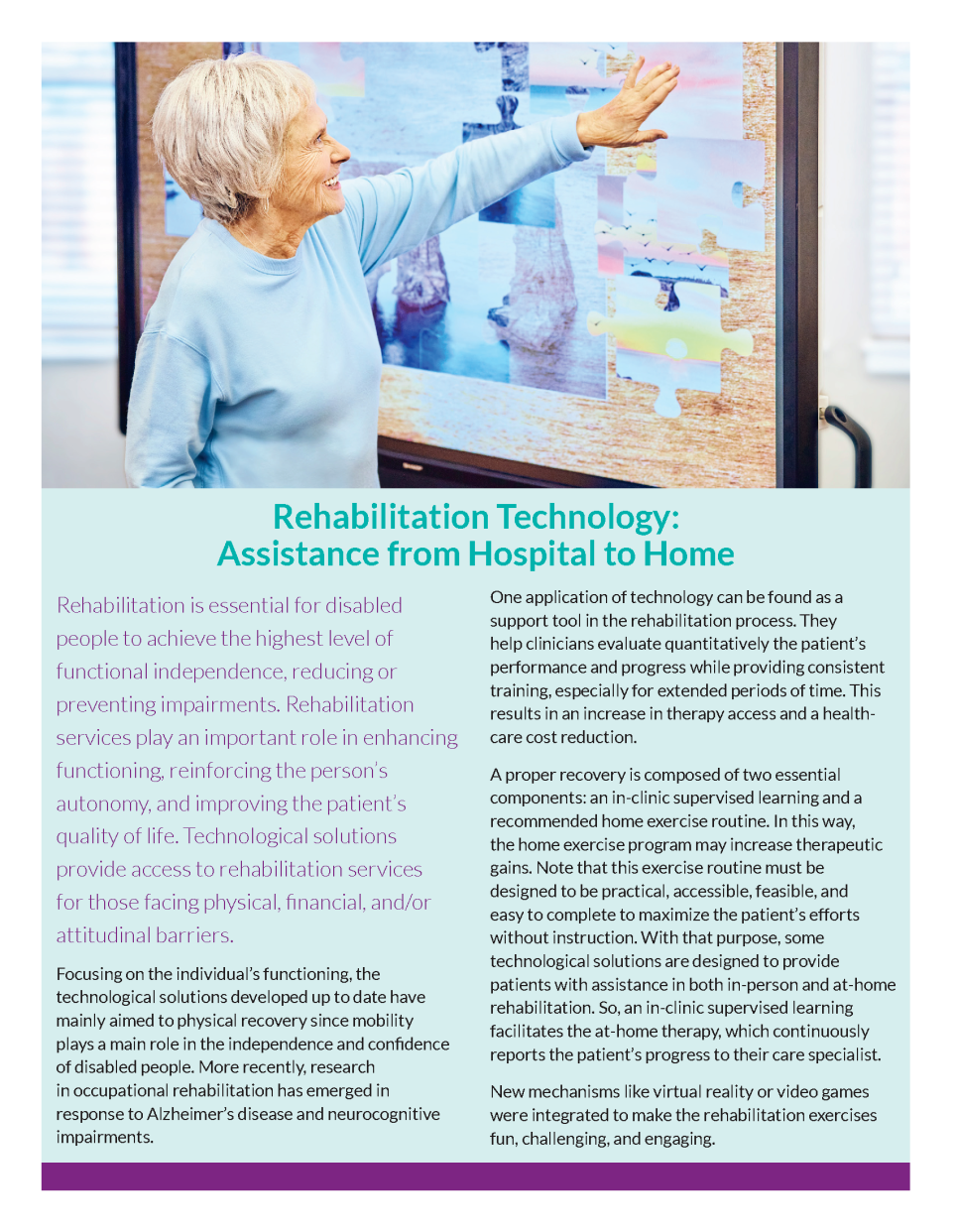 Woman points to a bulletin board, promoting rehabilitation technology for hospital to home care.