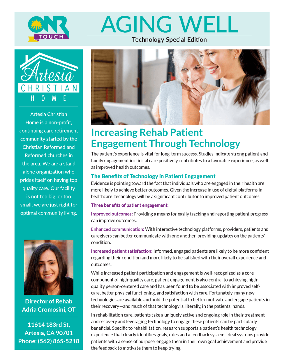Newsletter: Increasing rehab patient engagement through technology. Elderly woman, Asian woman smiling.