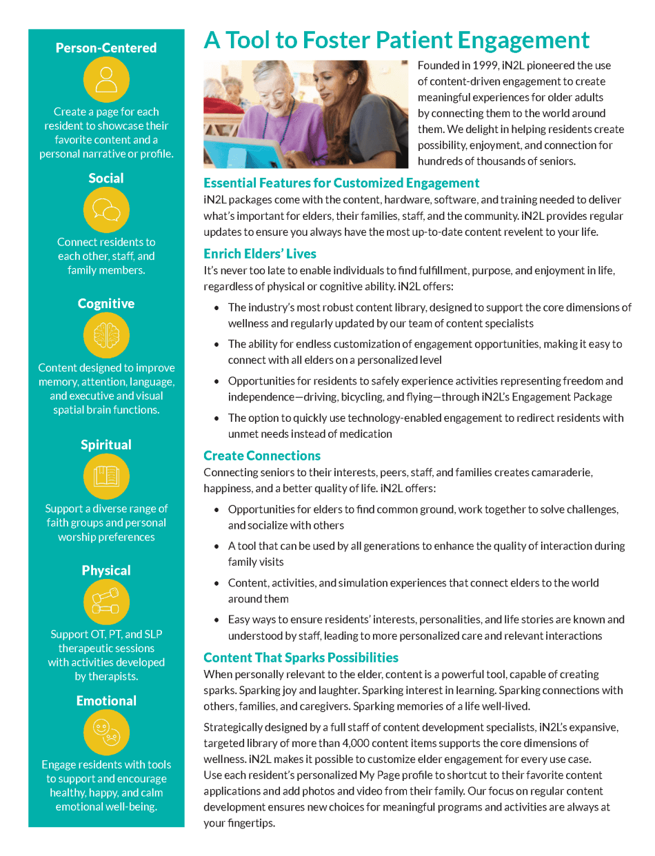 A tool to foster patient engagement graphic with blue/yellow icons, and two women with a tablet.