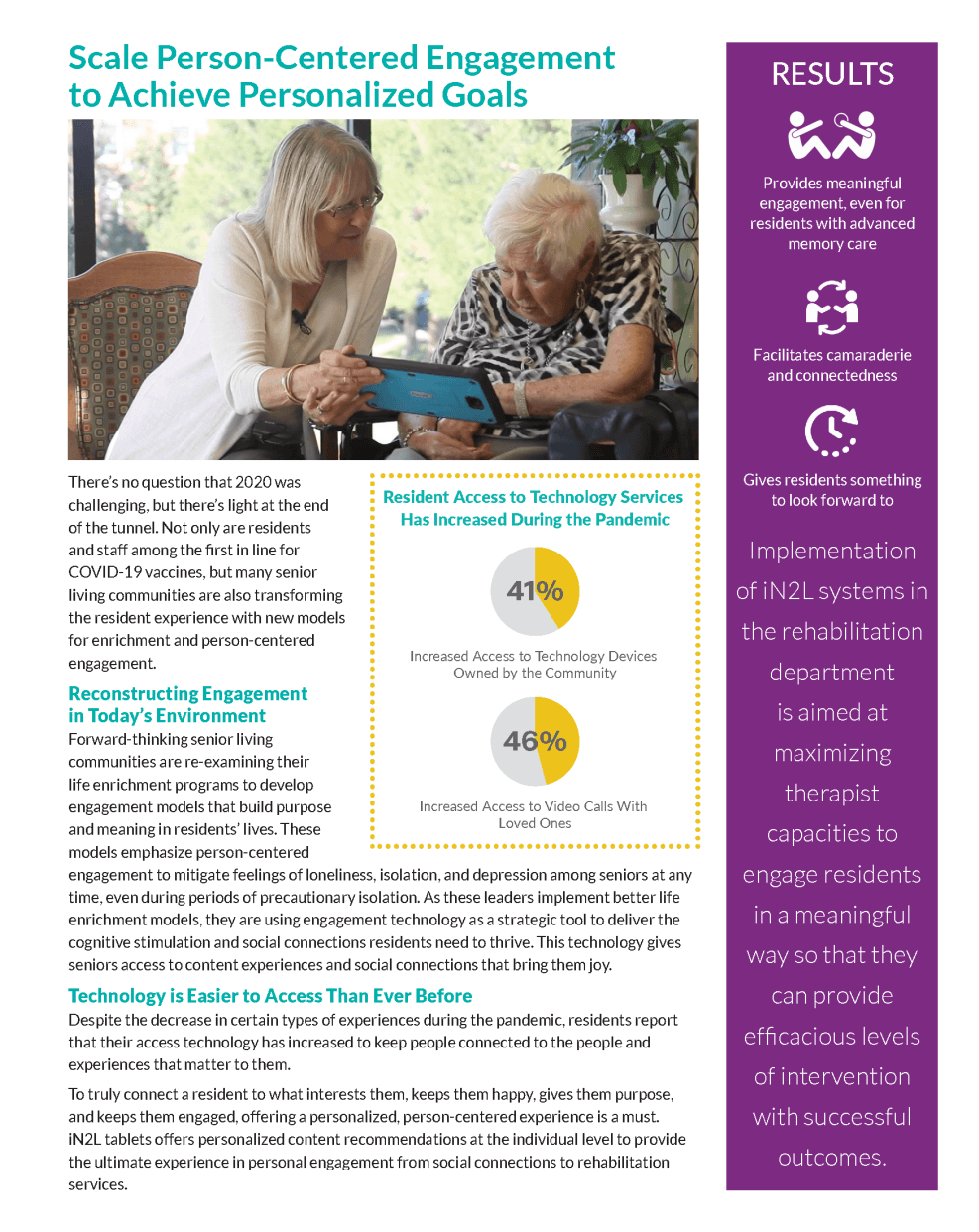Two women look at a tablet. Text discusses scaling person-centered engagement and shows results.