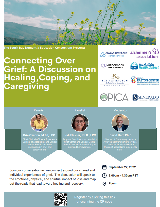 Flyer for a discussion on grief, caregiving. Features speaker photos, event details, and logos of supporting organizations.