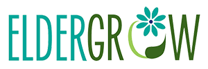 ElderGrow logo with teal text, a green flower, and a leaf.
