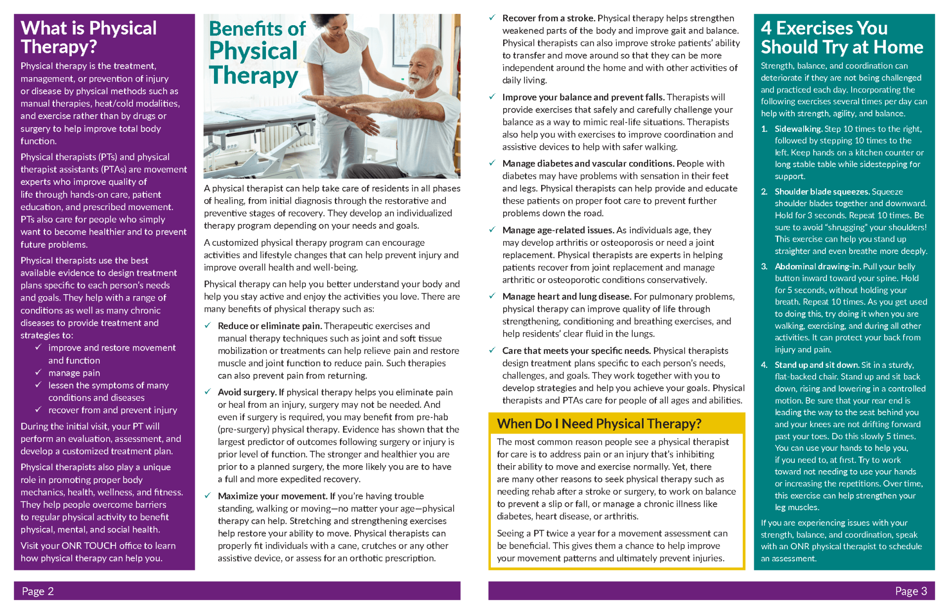 Informational brochure about physical therapy, with text, photos of therapist assisting a patient.