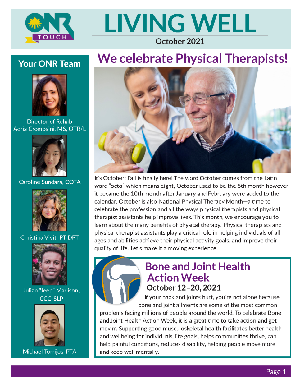 Newsletter: Celebrating Physical Therapists, highlighting Bone and Joint Health Week. Includes photos of staff.