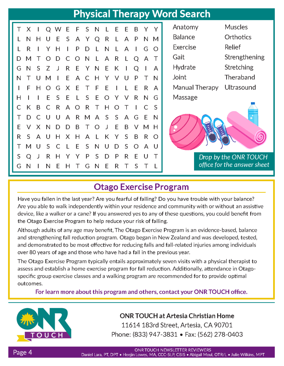 Word search puzzle and text about physical therapy with contact info for exercise program.