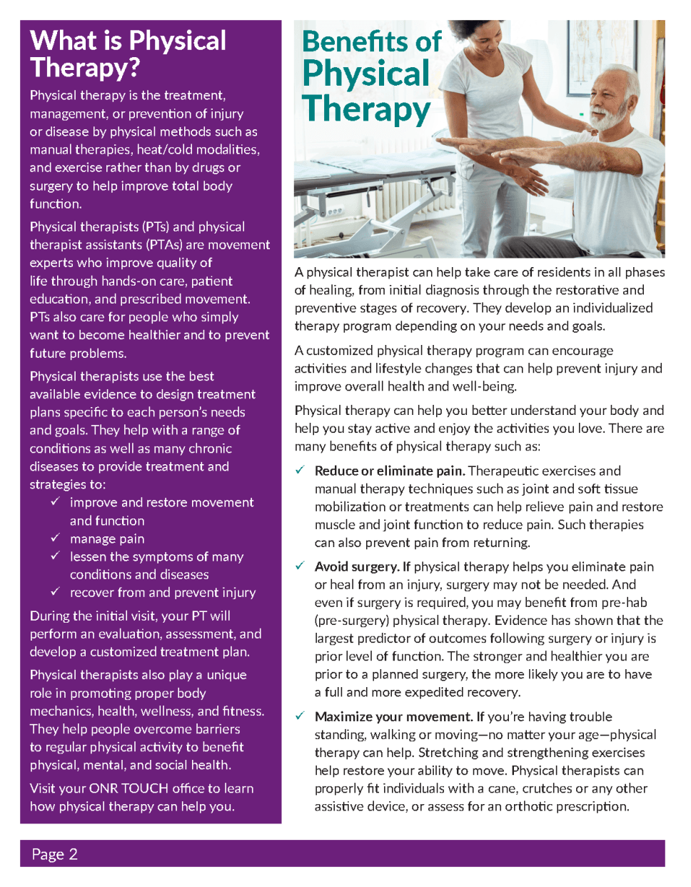 A brochure explaining physical therapy. A therapist assists a senior's arm movement.