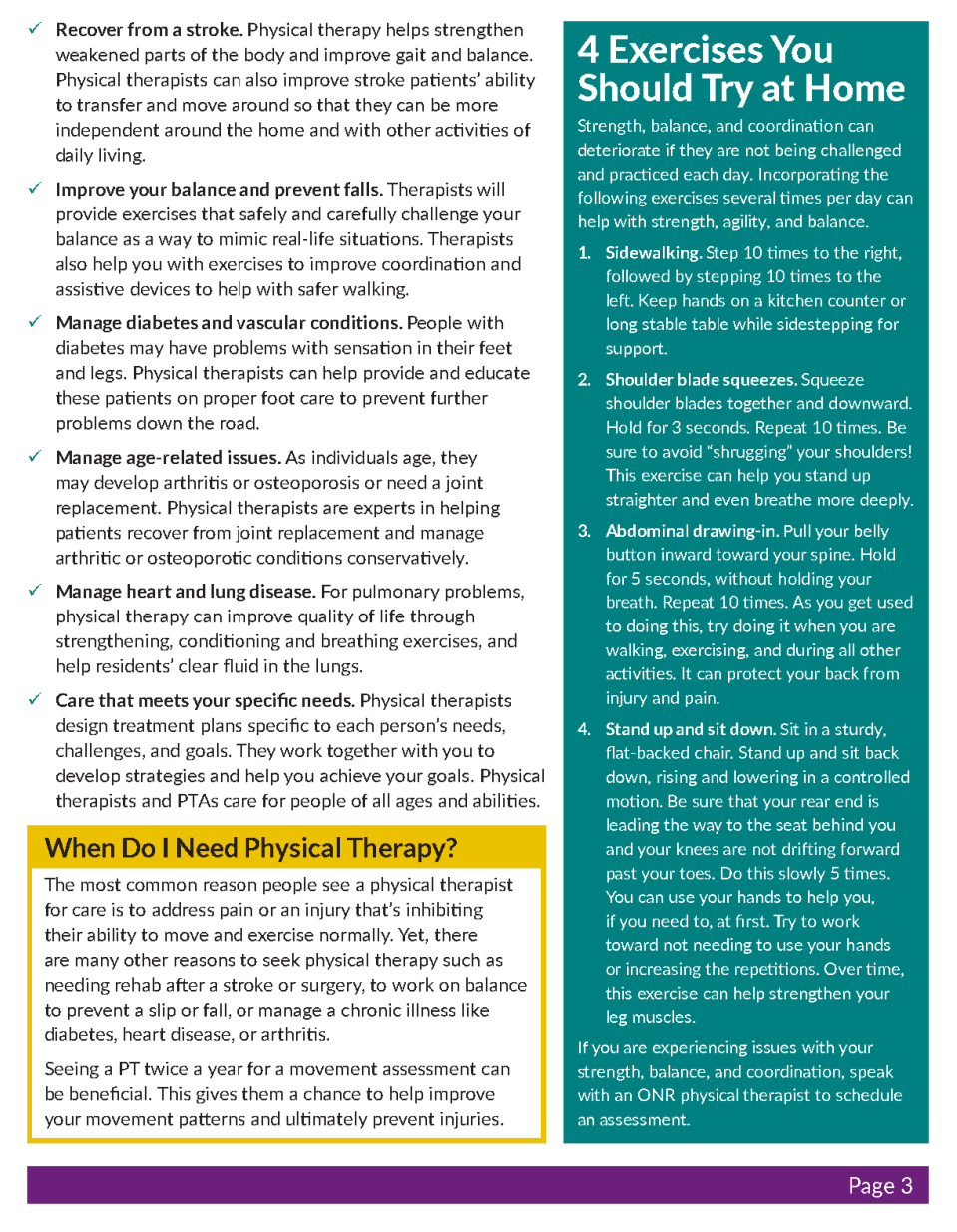 Poster for exercises at home. Text on teal background.  Includes exercise instructions and when to seek physical therapy.