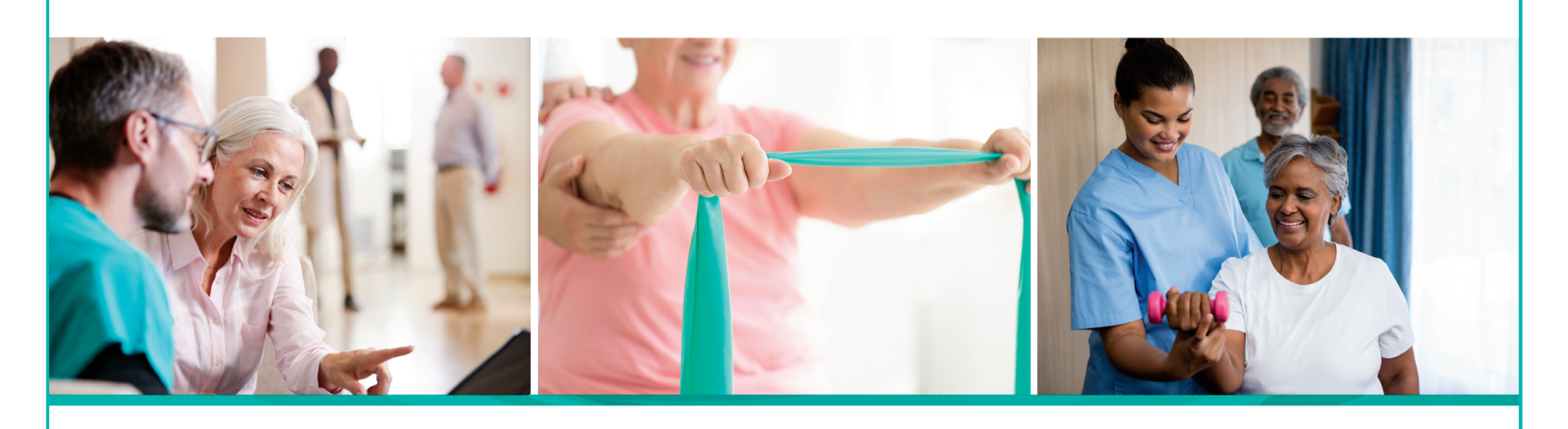 Three elderly people in physical therapy sessions with health professionals.