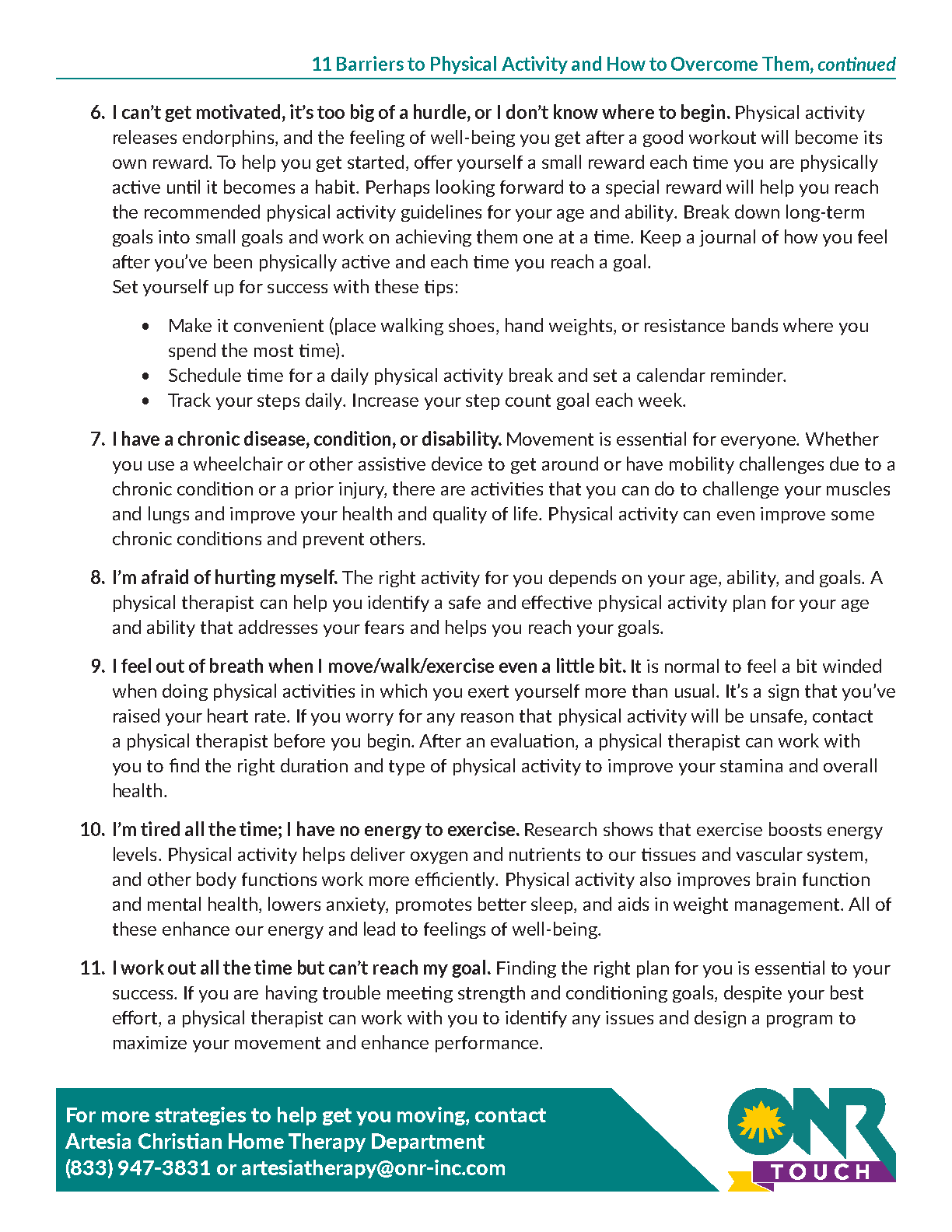 Document listing guidelines for Physical Activity and Mental Wellness from the ONR Touch program.