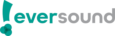 Logo for Eversound, featuring an exclamation point with green dots, and the name in green and gray.