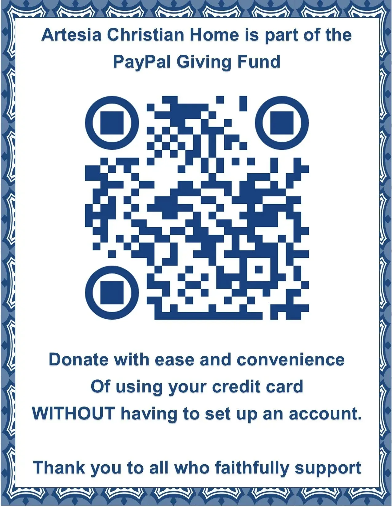 QR code for Artesia Christian Home donations, part of PayPal Giving Fund. Donate with credit card, no account needed.