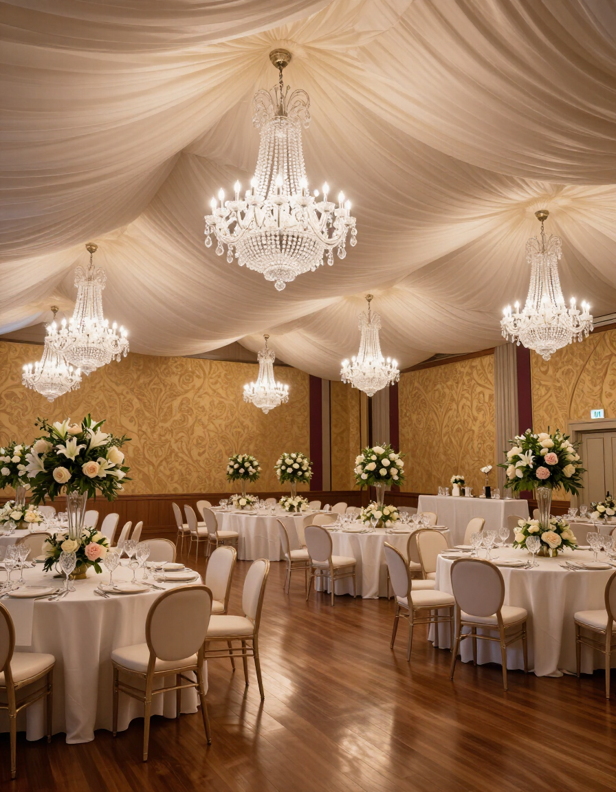 Elegante salón de banquetes con candelabros de cristal, techo con cortinas, mesas redondas y centros de mesa florales.