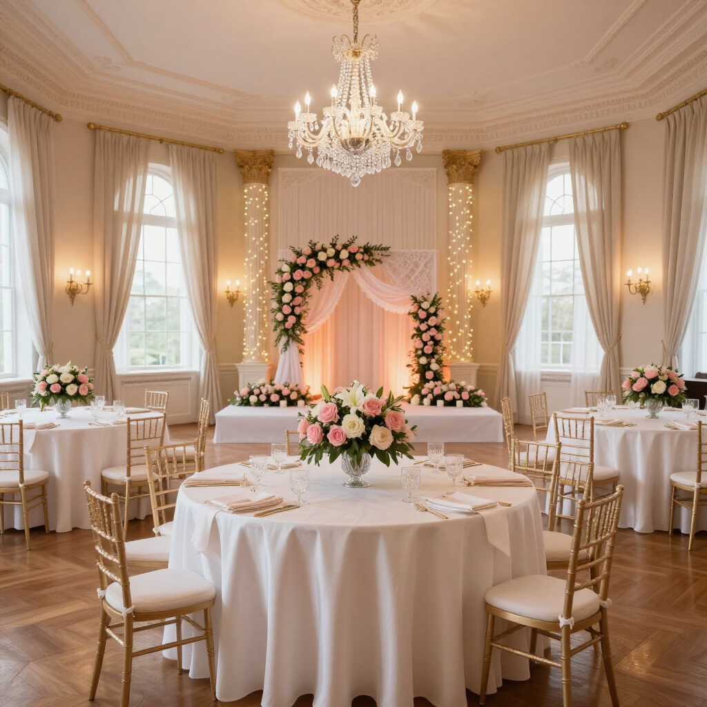 Elegante salón de recepción nupcial con mesas redondas, sillas blancas, arco floral e iluminación con candelabros.
