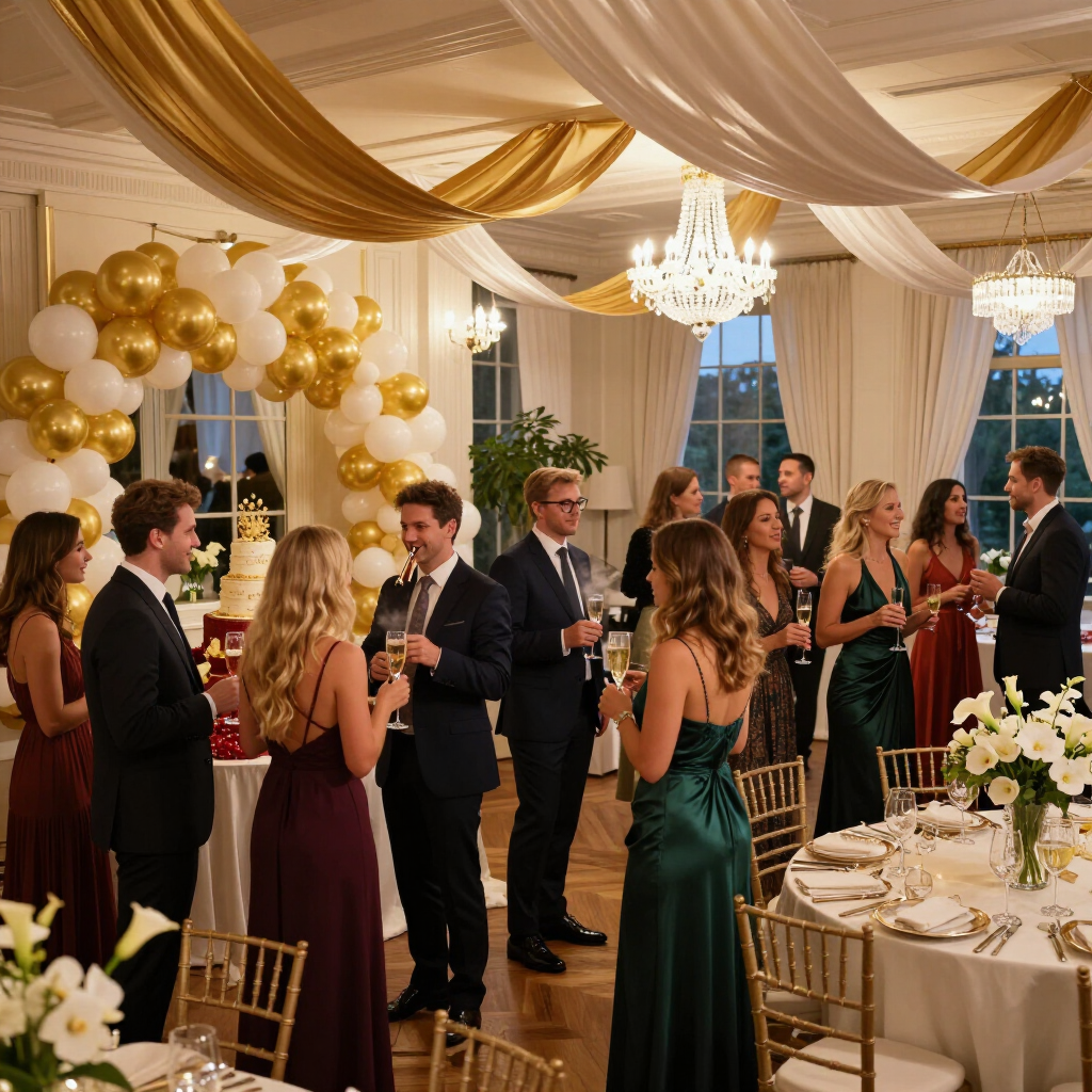 Los invitados socializan en un elegante banquete en tonos dorados y blancos, con cortinas de tela.