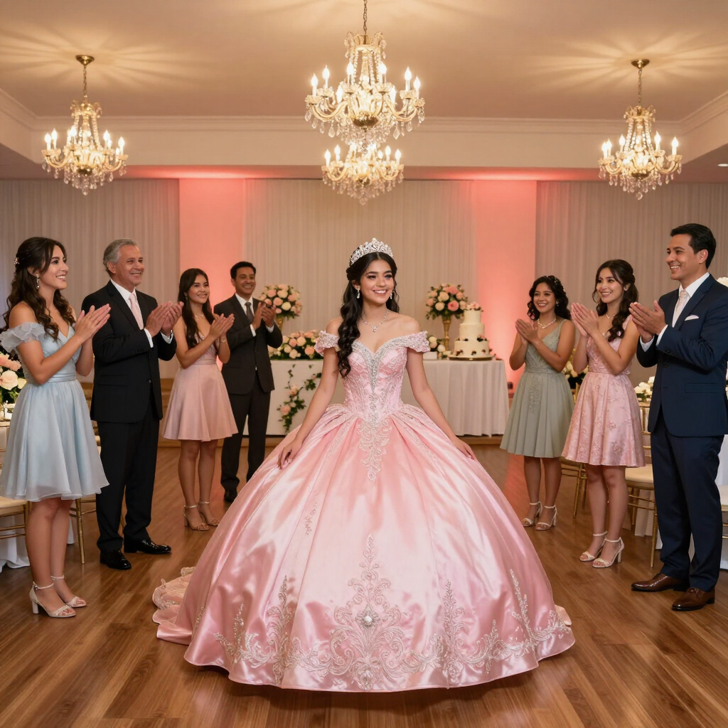 Una quinceañera con un vestido rosa baila con los invitados en un salón de baile iluminado por candelabros.