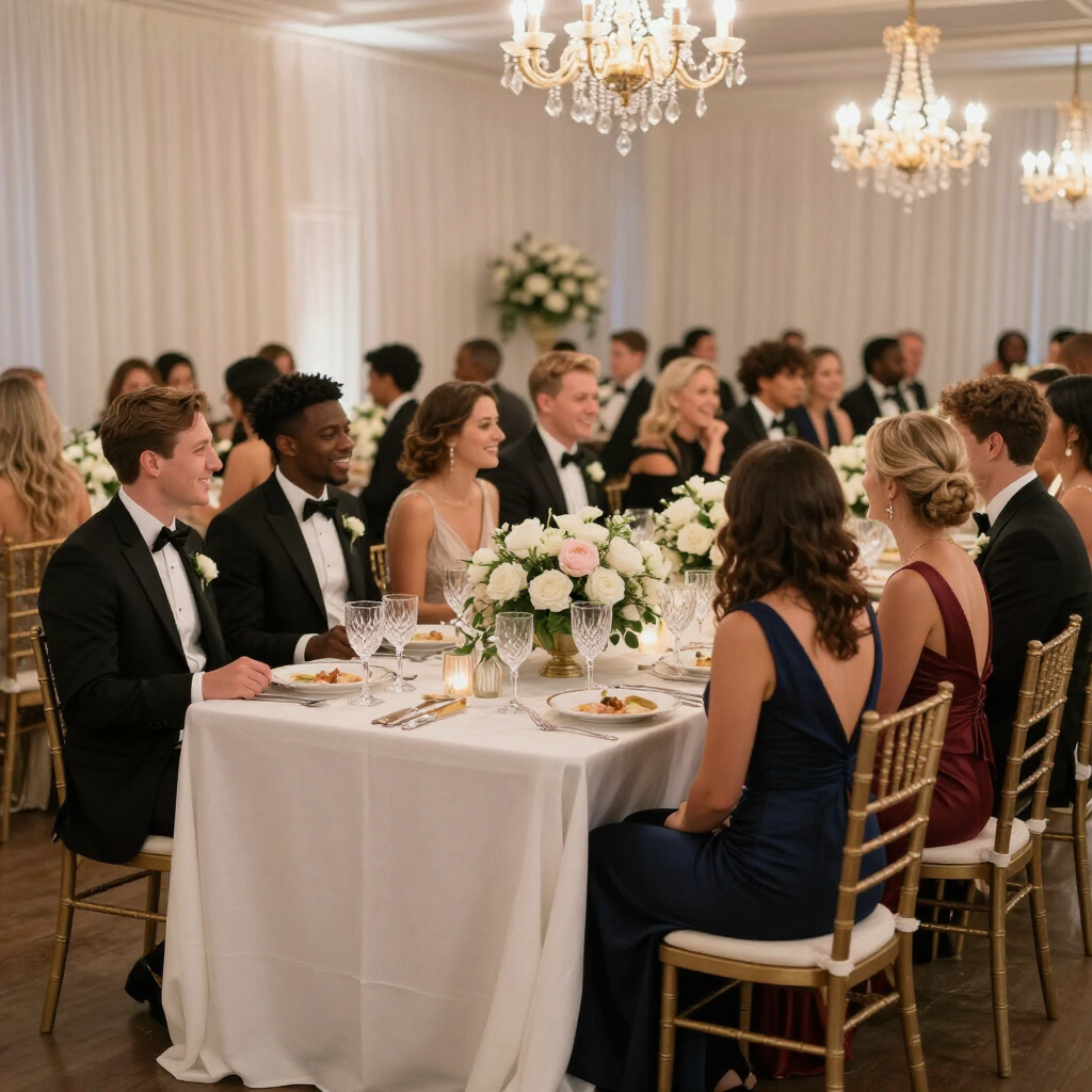Invitados sentados en una mesa redonda en una recepción de boda formal con decoración blanca y candelabros.