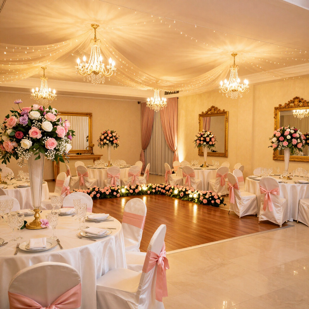 Elegante salón de banquetes nupciales con mesas decoradas en blanco y rosa, centros de mesa florales y candelabros.