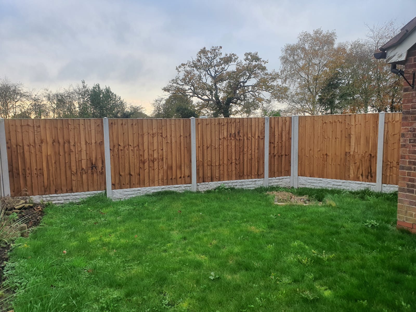 Wooden fence with concrete posts in a backyard with green grass under an overcast sky.