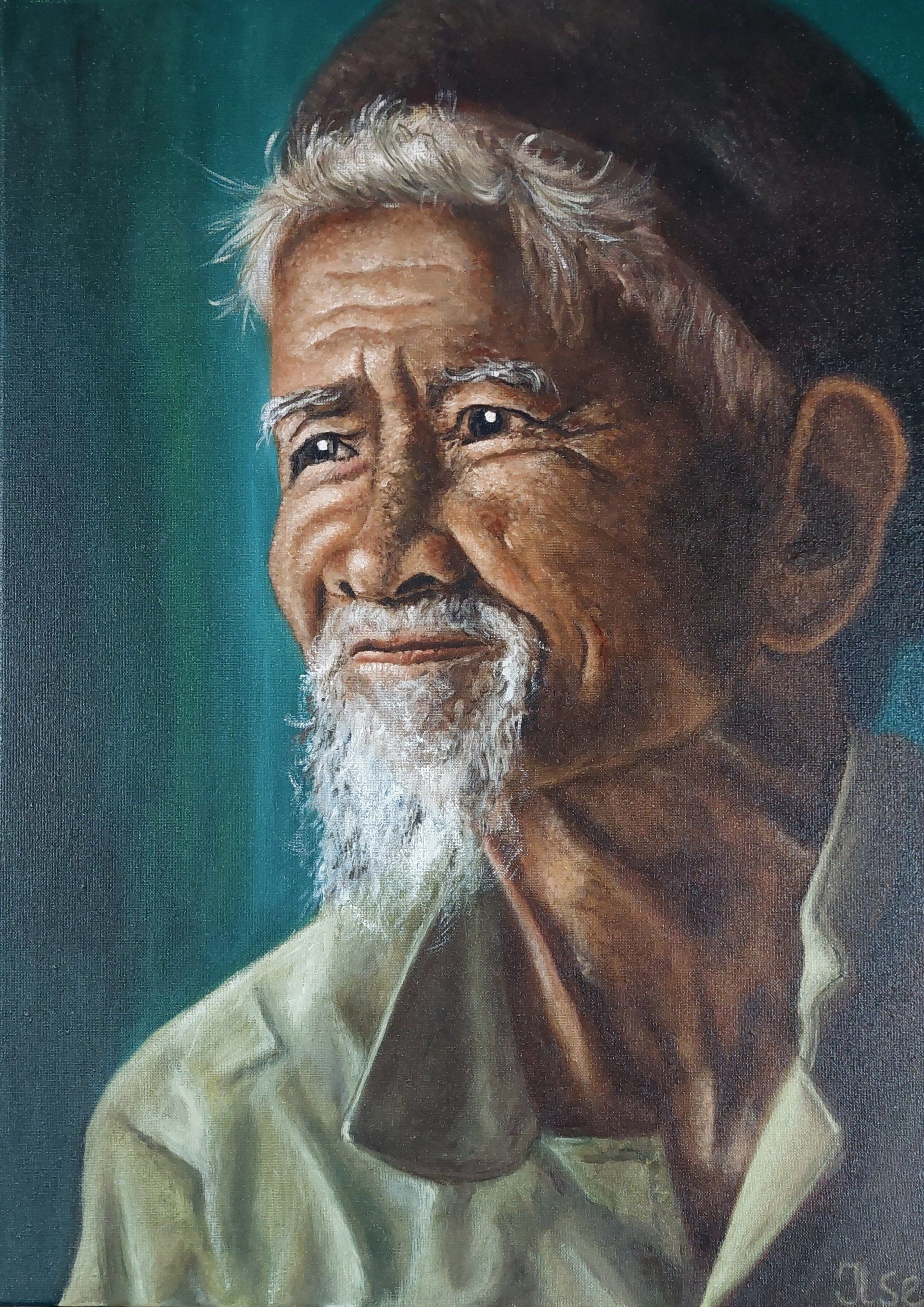 Portretschilderij van een oudere man met een witte baard, die naar links kijkt tegen een turquoise achtergrond.