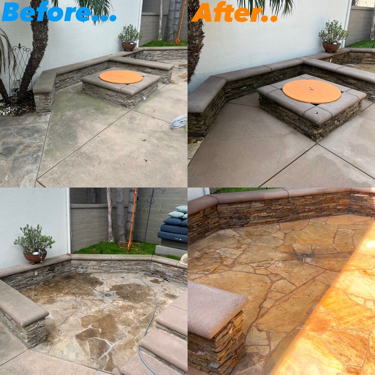Before-and-after collage of a repaired concrete patio with a raised square fire pit and stacked stone edging.