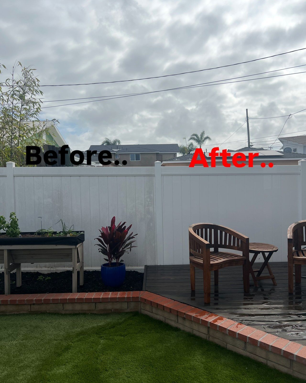Backyard deck and fence comparison labeled “Before” and “After” after rain.