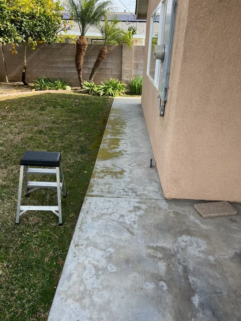 Narrow concrete walkway beside a tan house, with grass, a small step stool, and palm trees in the yard.