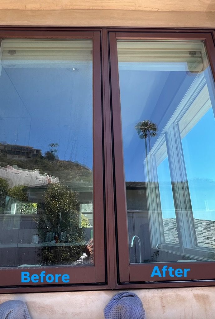 Window with reflective glass, labeled before and after, showing clearer view on the right panel.