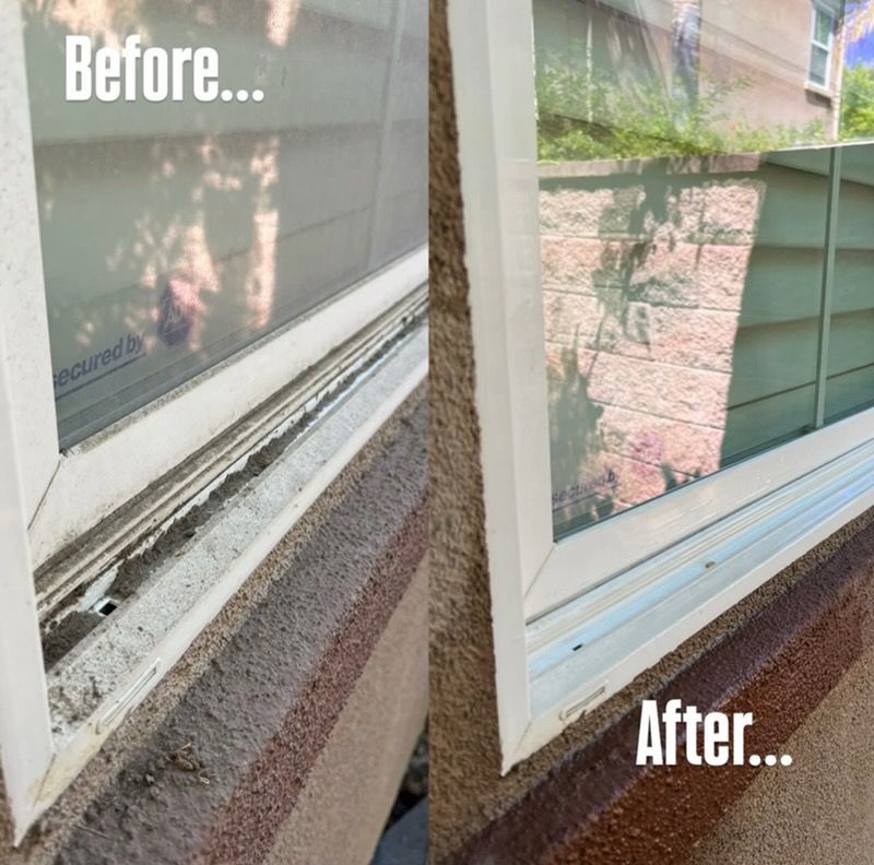 Before-and-after close-up of a window sill and frame, showing cleaned white trim and removed grime.