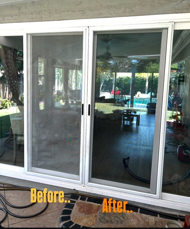 Patio sliding door screen repair comparison: before and after, with damaged mesh replaced.