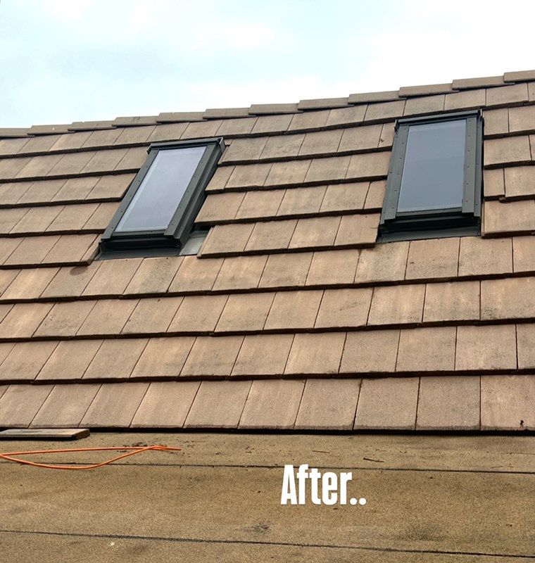Two black skylights on a tan shingled roof, labeled “After..”