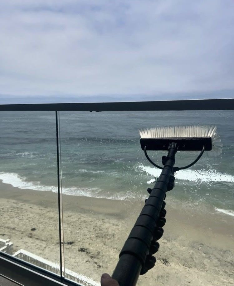 Railing brush overlooking a sandy beach and choppy ocean under a cloudy sky