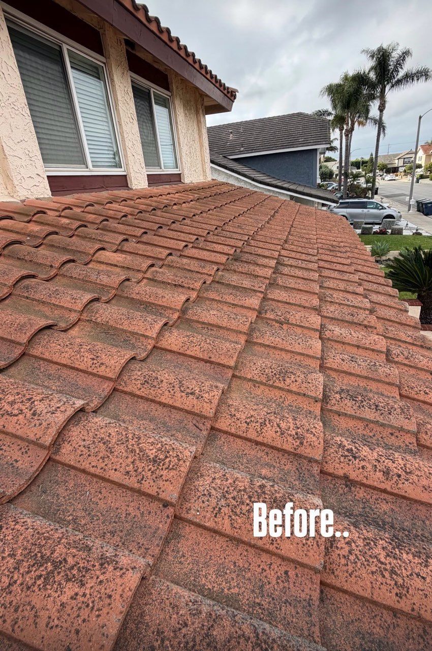 Red clay tile roof beside a building, with street and palm trees in the background; “Before” text visible.