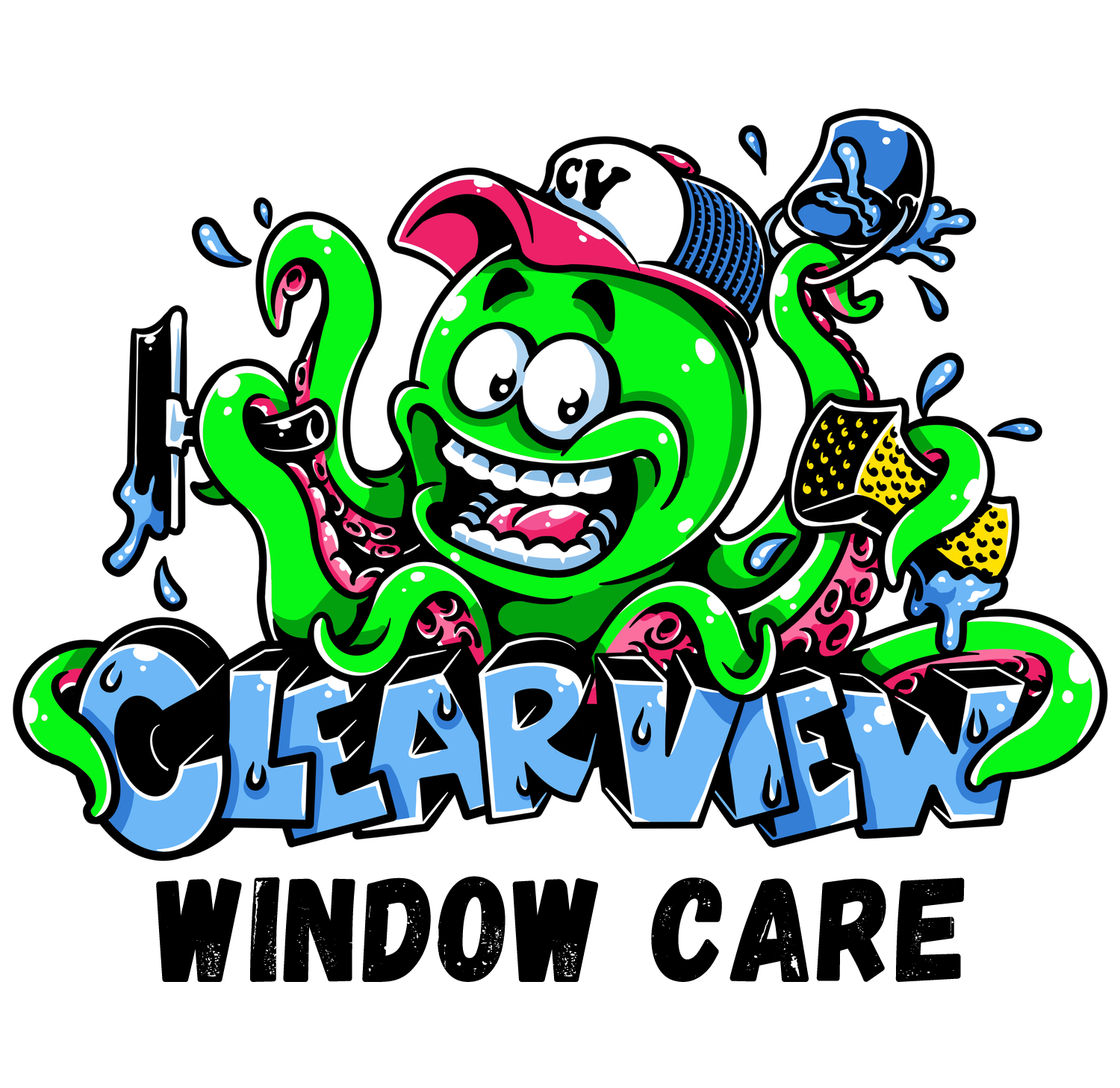 Clearview Window Care logo with green cartoon octopus holding a squeegee and cap.