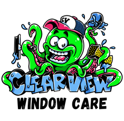 Clearview Window Care logo with green cartoon octopus holding a squeegee and cap.